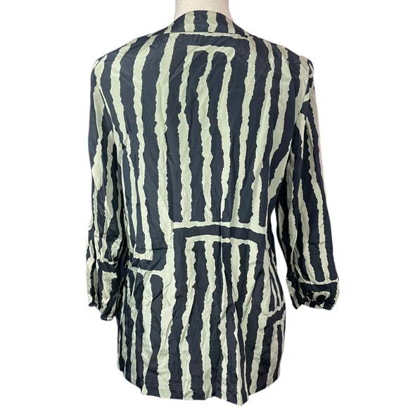 Tibi Silk Wooden Decor Blouse 6 navy white geometric cotton striped balloon - Picture 5 of 13